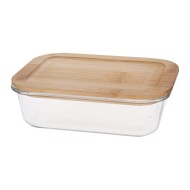 Porta Mantimento 1 Litro 19,5cm Comprimento Por 14,5cm Largura Retangular Em Vidro Borossilicato Com Tampa Bambu
